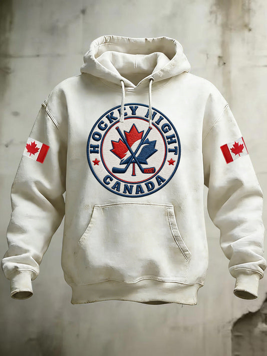 Retro Canadian Hockey Flag Emblem Casual Hoodie
