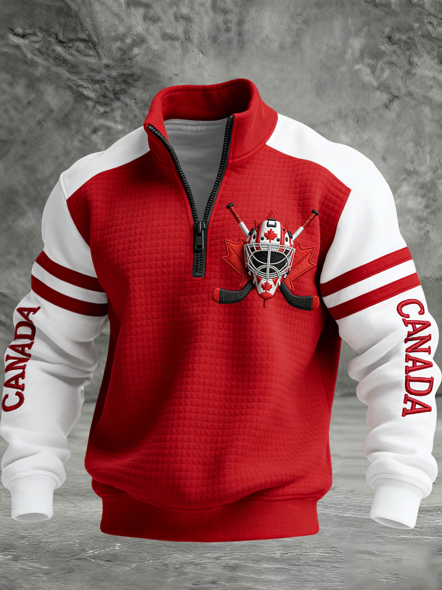 Retro Canadian Hockey Helmet Casual Waffle Knit Pullover
