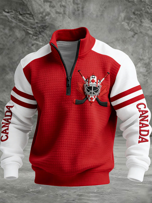 Retro Canadian Hockey Helmet Casual Waffle Knit Pullover