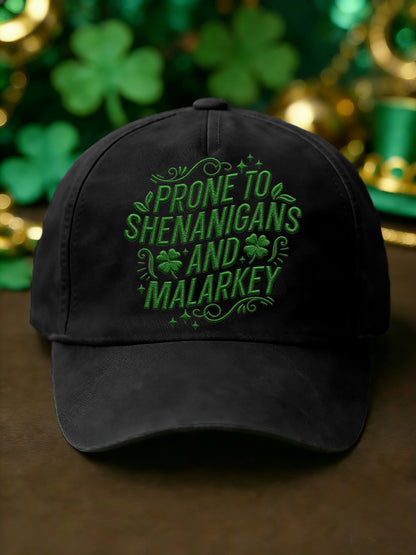 Unisex Funny St Patrick's Day Prone to Shenanigans and Malarkey Shamrock Print Hat