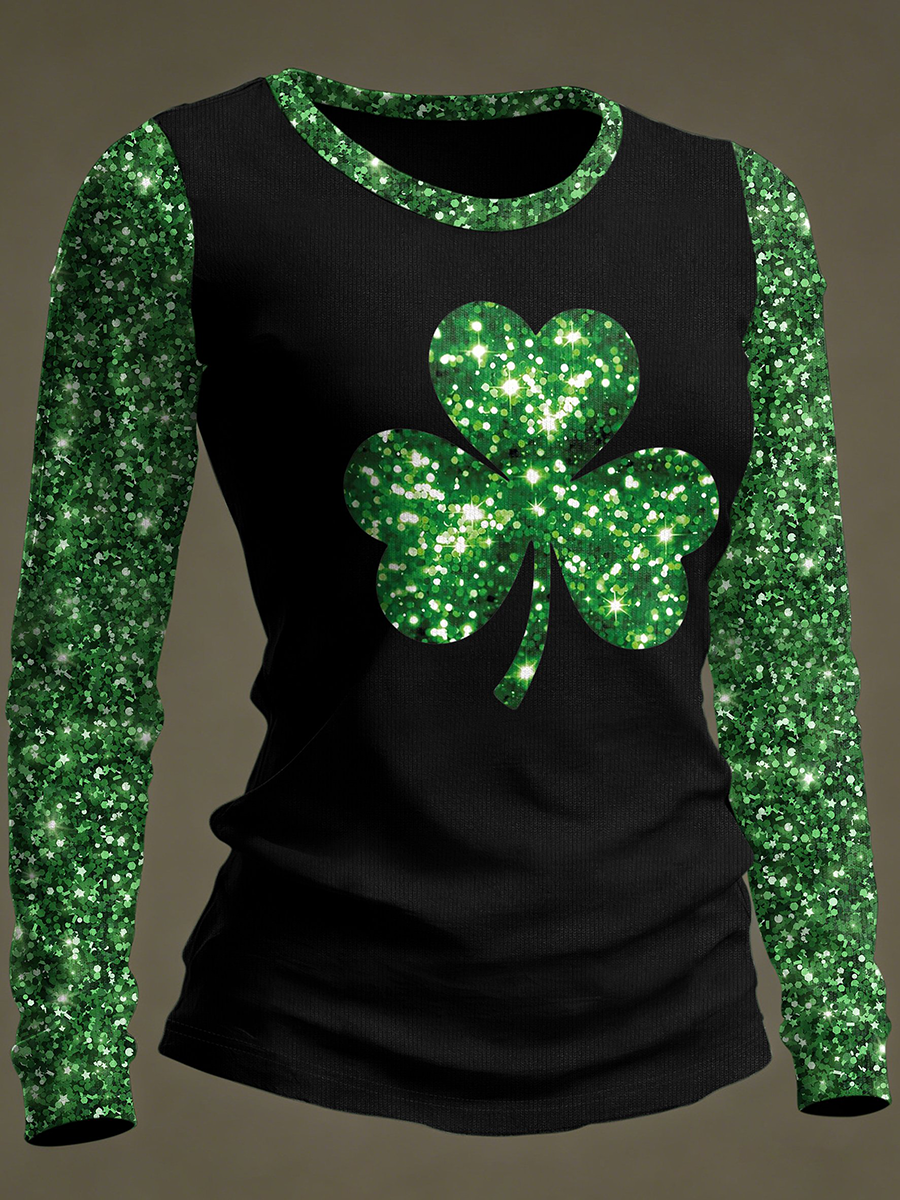 Women's St. Patrick's Day Shamrock Print Round Neck Long Sleeve T-shirt