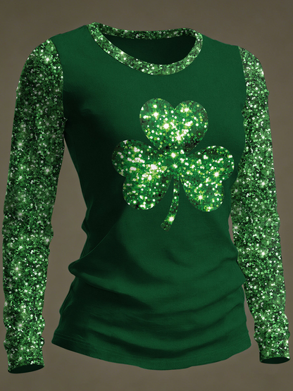 Women's St. Patrick's Day Shamrock Print Round Neck Long Sleeve T-shirt