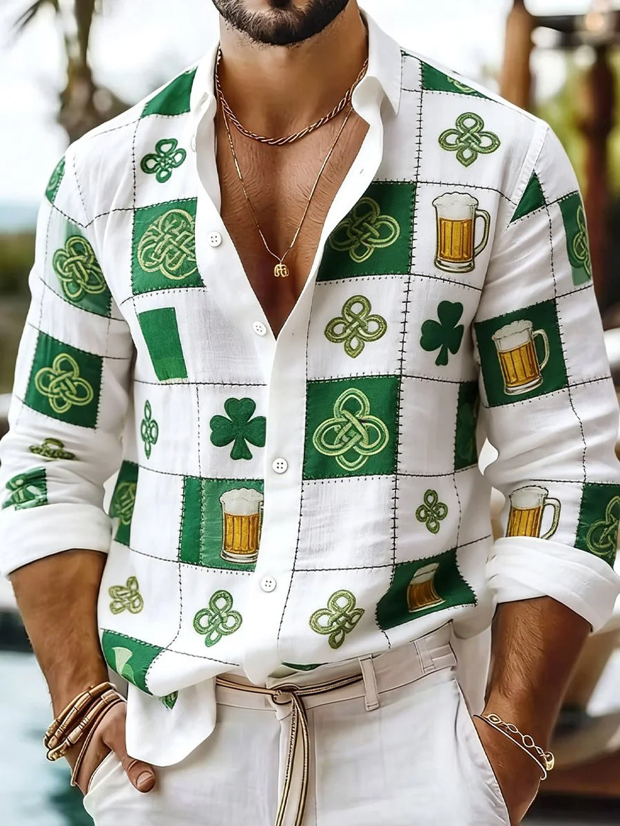 Men's St Patrick’s Day Shamrock Beer Art Long Sleeve Shirt