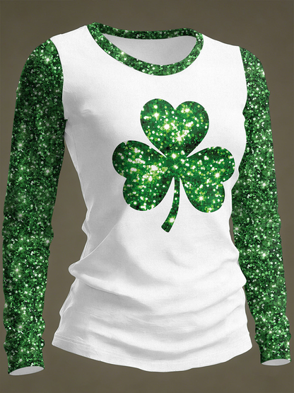 Women's St. Patrick's Day Shamrock Print Round Neck Long Sleeve T-shirt