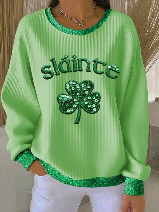 Women's St. Patrick's Day Sláinte Shamrock  Ribbed Round-Neck Sweatshirt