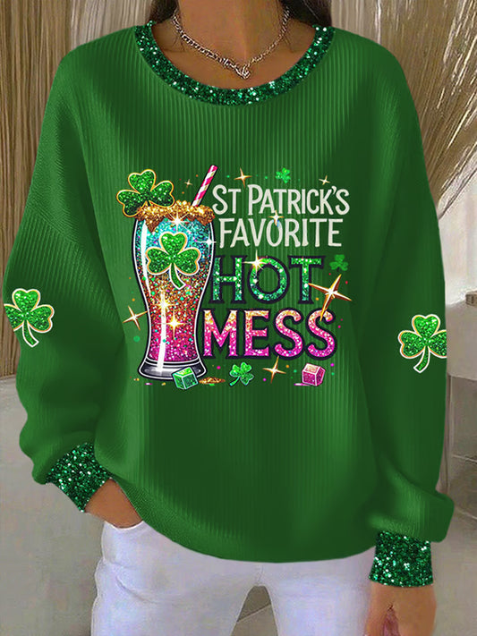 Women's St. Patrick's Favorite Hot Mess Shamrock Ribbed Round-Neck Sweatshirt