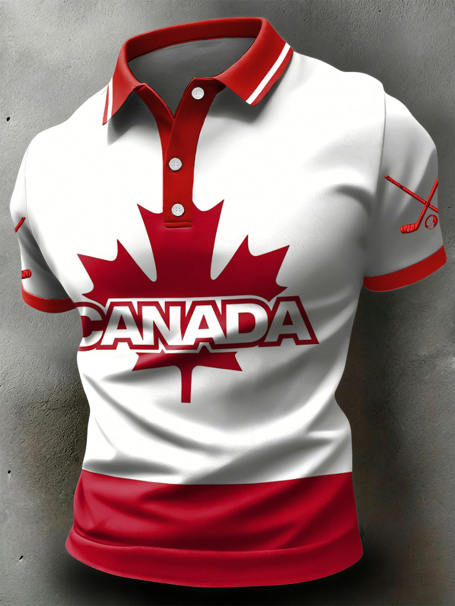 Retro Canadian Hockey Maple Leaf Casual Sports Polo Shirt