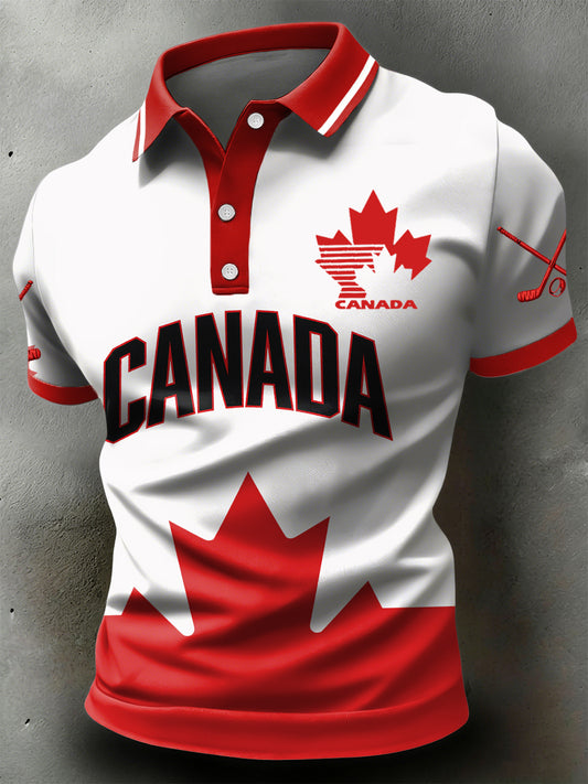 Retro Canadian Hockey Maple Leaf Patch Casual Sports Polo Shirt