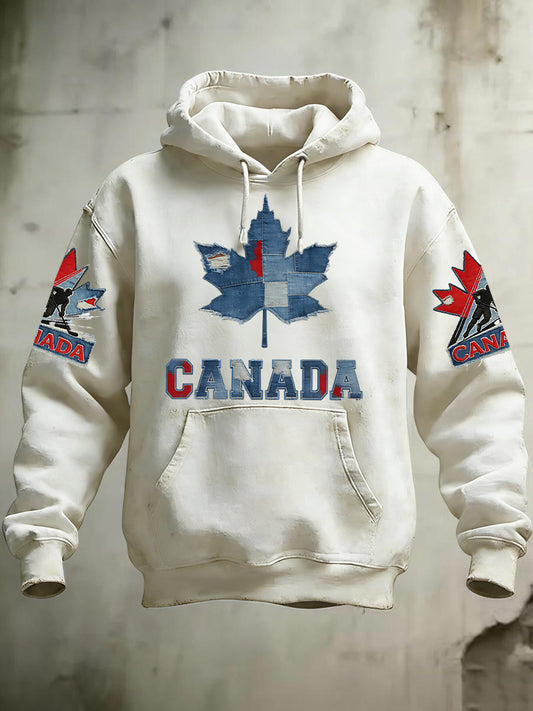 Retro Canadian Hockey Maple Leaf Patchwork Casual Hoodie