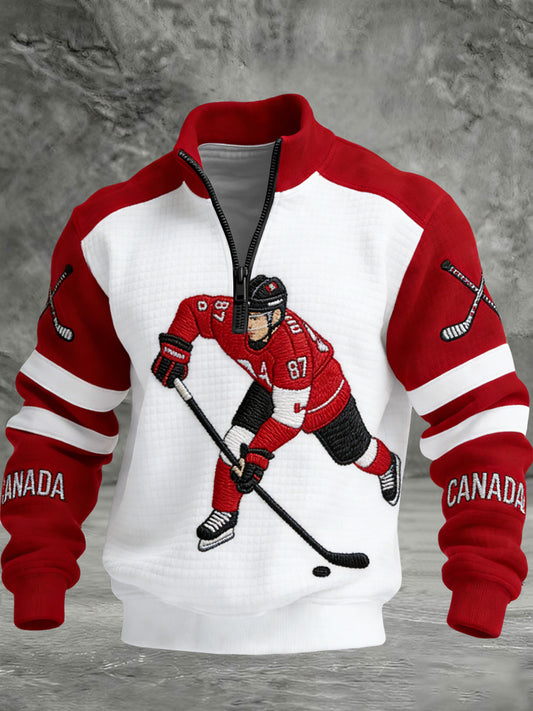 Retro Canadian Hockey Player Casual Waffle-Weave Pullover