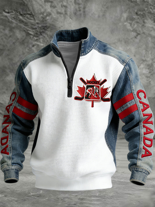Retro Canadian Hockey Maple Leaf Patchwork Waffle Knit Pullover