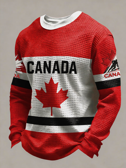 Retro Canadian Hockey Fan Casual Waffle-Weave T-Shirt