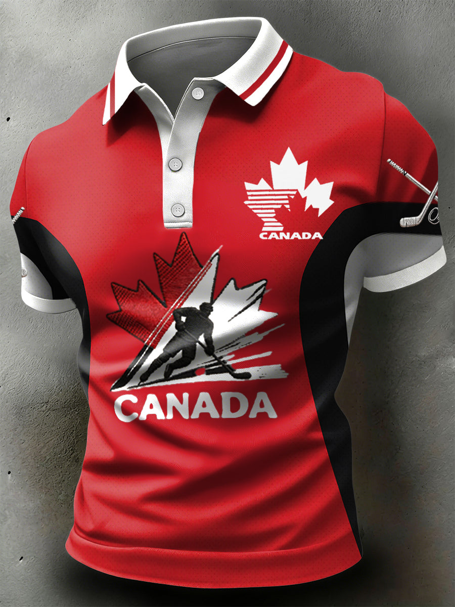 Retro Canadian Hockey Patchwork Casual Sports Polo Shirt