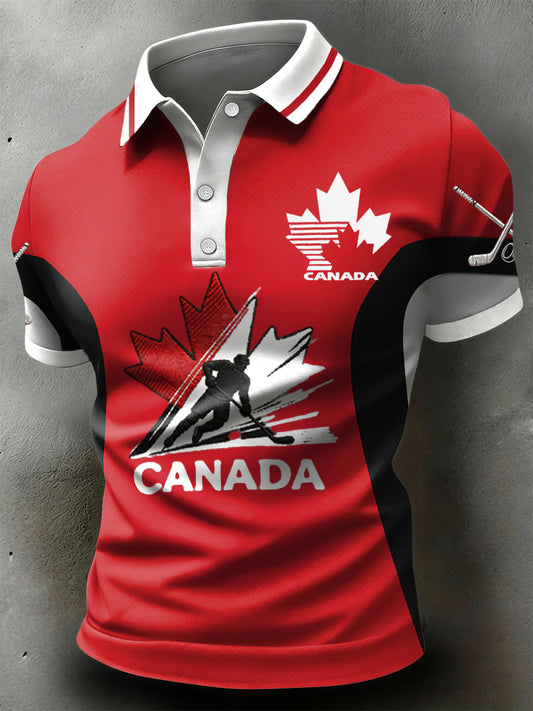 Retro Canadian Hockey Patchwork Casual Sports Polo Shirt