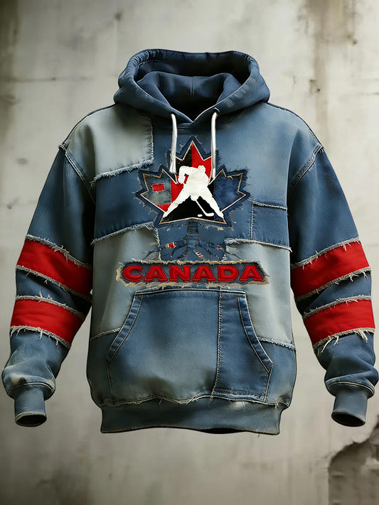Retro Canadian Hockey Patch Distressed Patchwork Casual Hoodie