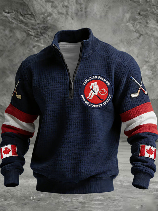 Retro Canadian Hockey Emblem Casual Waffle-Weave Pullover
