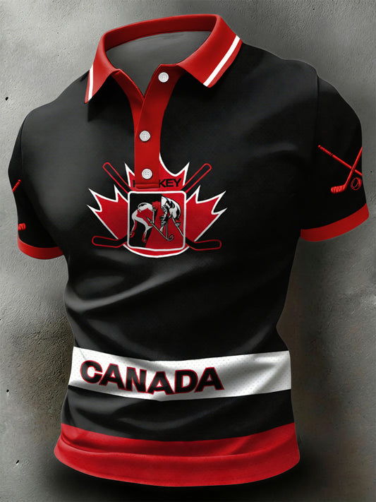 Retro Canadian Hockey Maple Leaf Emblem Casual Sports Polo Shirt