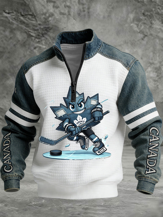 Retro Canadian Hockey Patchwork Casual Waffle Knit Pullover