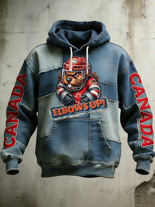 Retro Canadian Hockey Beaver Distressed Patchwork Casual Hoodie