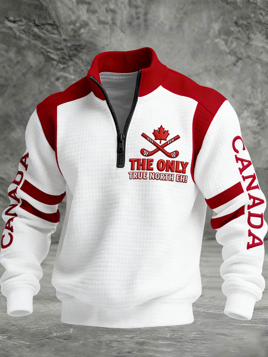 Retro Canadian Hockey Fan Patchwork Waffle-Weave Pullover