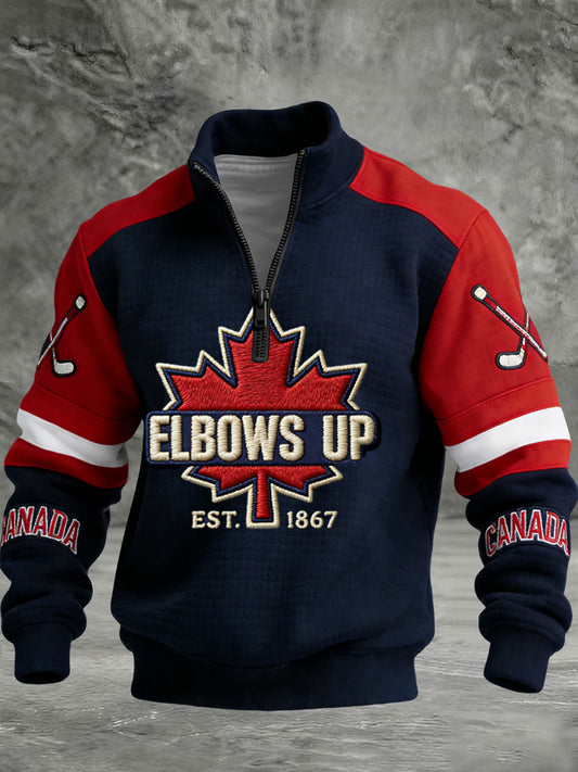 Retro Canadian Hockey ELBOWS UP Patchwork Waffle Knit Pullover