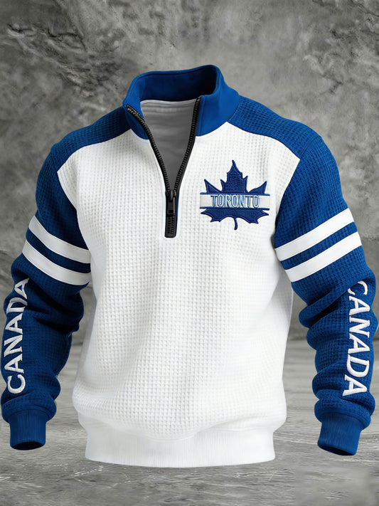 Retro Canadian Hockey Team Patchwork Casual Waffle Knit Pullover