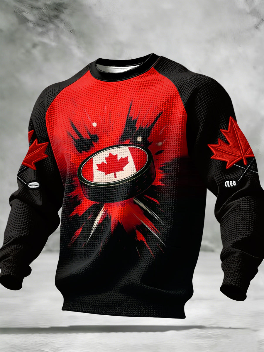 Retro Canadian Hockey Abstract Art Casual Waffle Weave T-Shirt