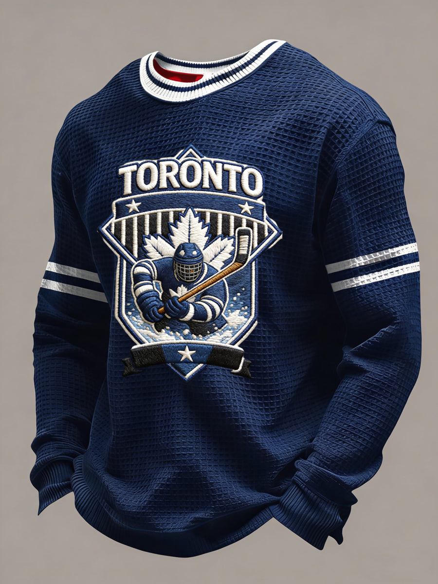 Retro Canadian Hockey Emblem Art Casual Waffle Weave T-Shirt