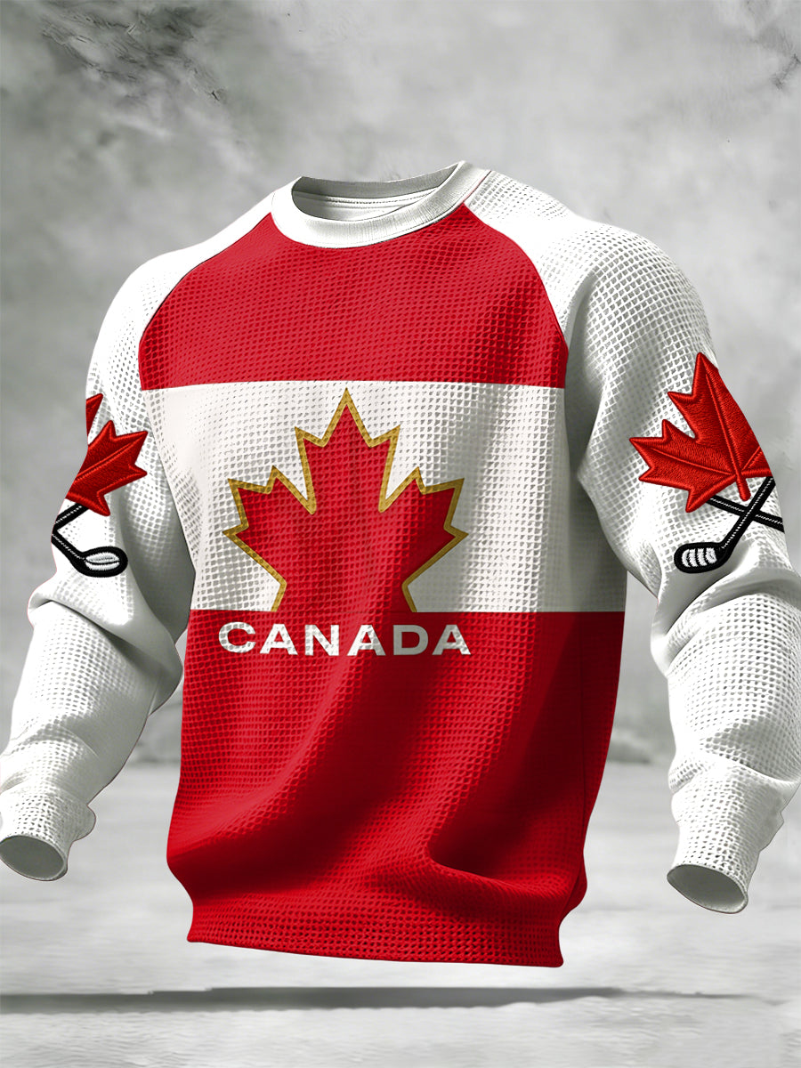 Retro Canadian Hockey Emblem Casual Waffle Weave T-Shirt