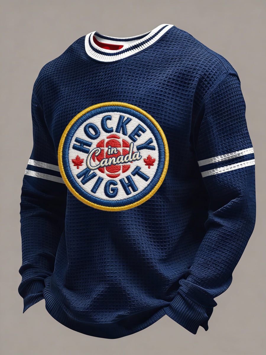 Retro Canadian Hockey Night Art Casual Waffle-Weave T-Shirt