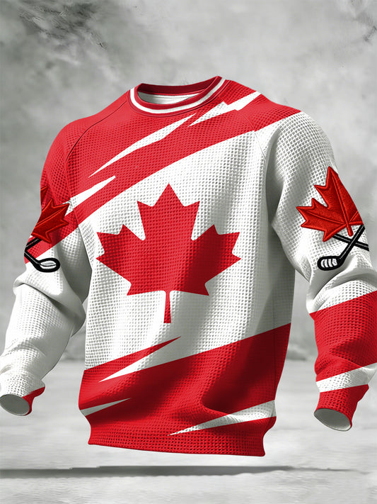 Retro Canadian Hockey Maple Leaf Casual Waffle-Weave T-Shirt