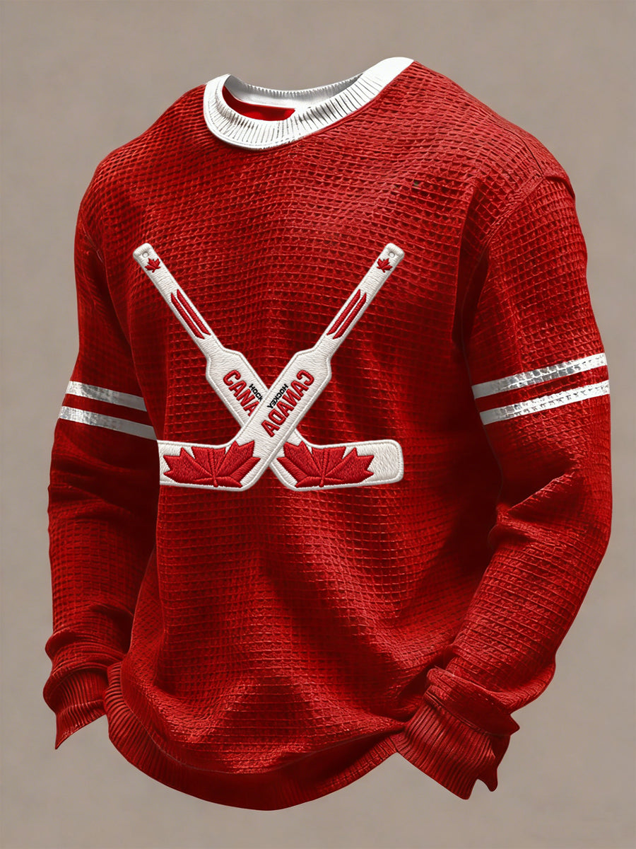 Retro Canadian Hockey Stick Casual Waffle Weave T-Shirt