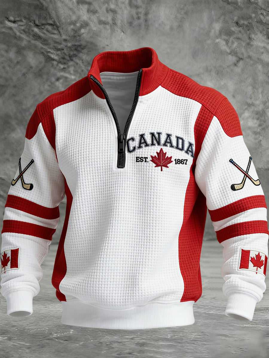 Retro Canadian Hockey 1867 Patchwork Casual Waffle Knit Pullover