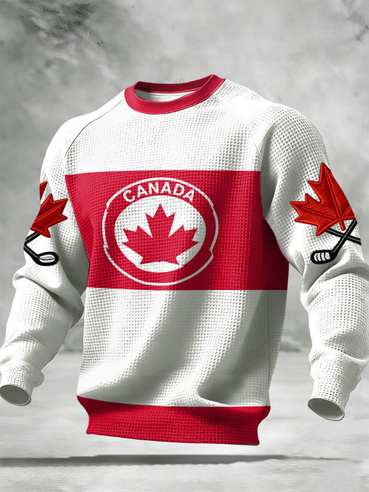 Retro Canadian Hockey Patchwork Casual Waffle Weave T-Shirt