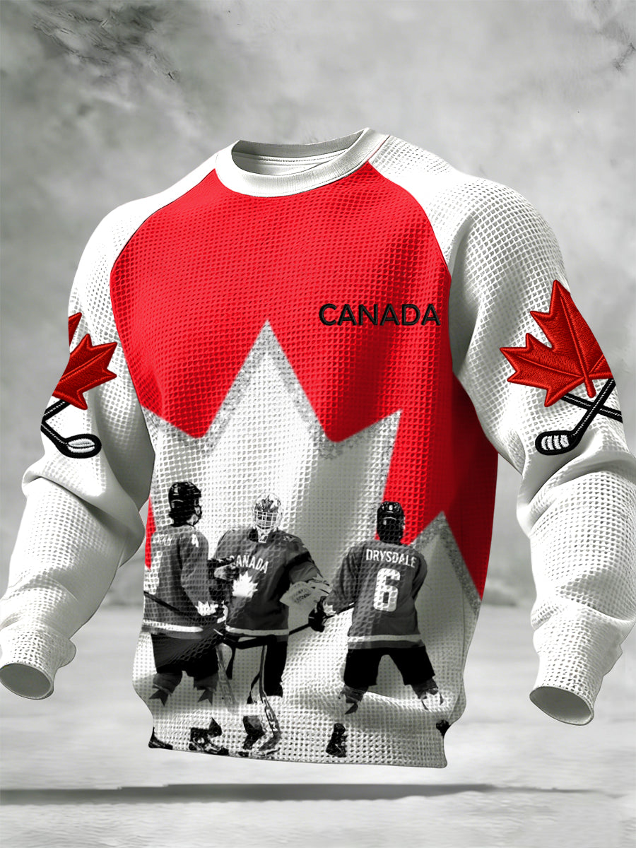 Retro Canadian Hockey Sports Casual Waffle Weave T-Shirt