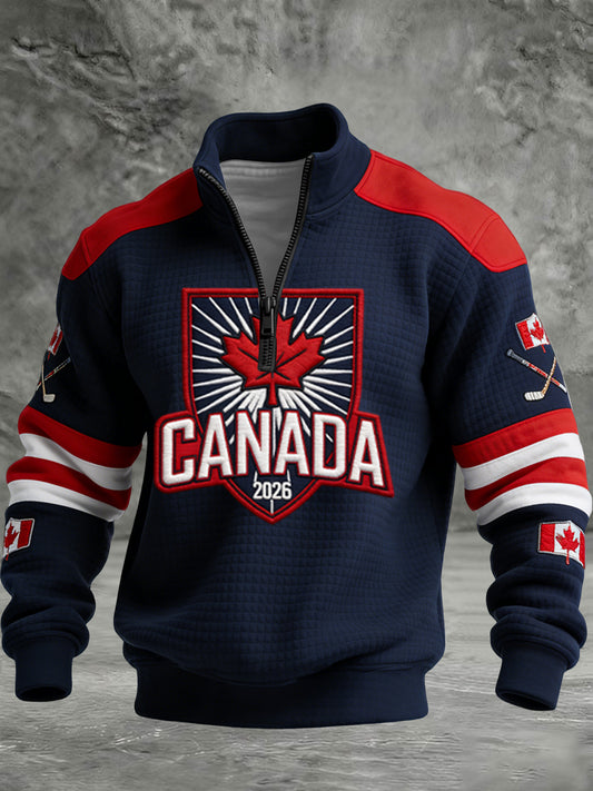 Retro Canadian Hockey Maple Leaf Emblem Casual Waffle-Weave Pullover