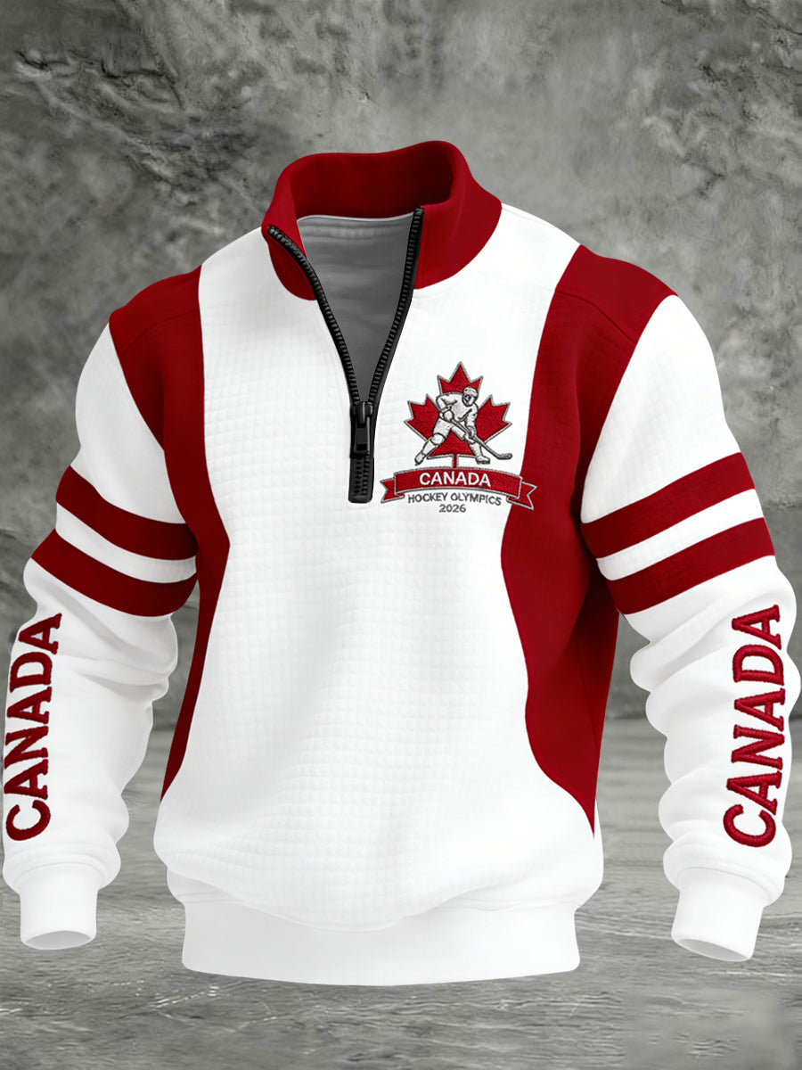Retro Canadian Hockey Maple Leaf Patchwork Casual Waffle Knit Pullover