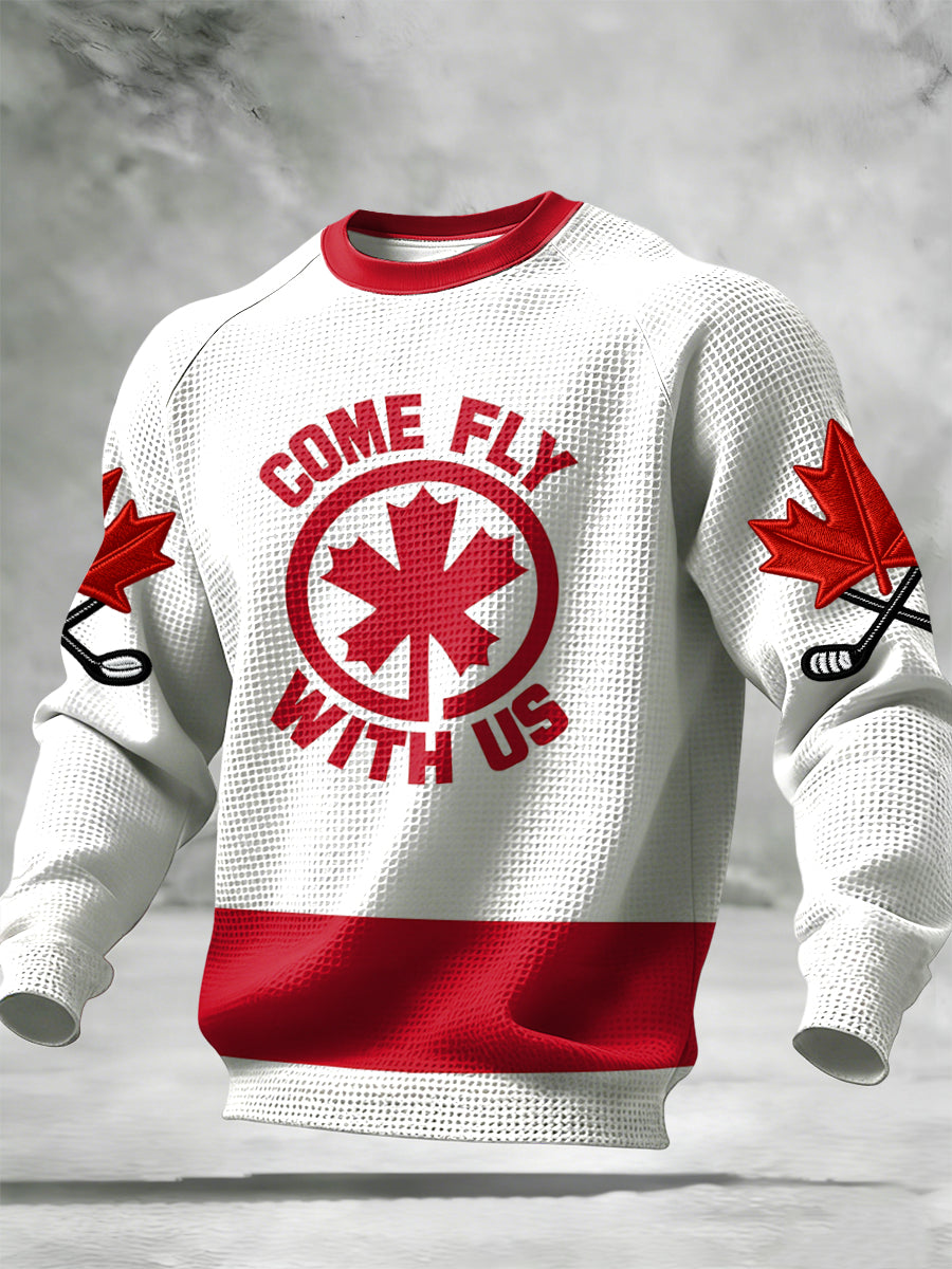 Retro Canadian Maple Leaf Hockey Sports Casual Waffle-Weave T-Shirt