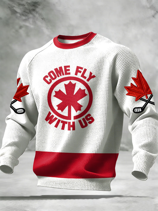 Retro Canadian Maple Leaf Hockey Sports Casual Waffle-Weave T-Shirt