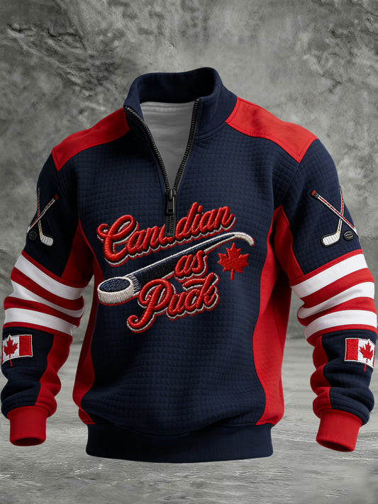Retro Canadian Hockey Patchwork Casual Waffle Knit Pullover