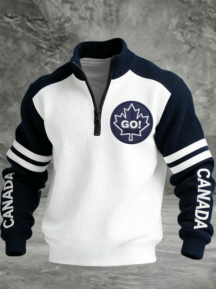 Retro Canadian Maple Leaf Hockey Casual Waffle Knit Pullover