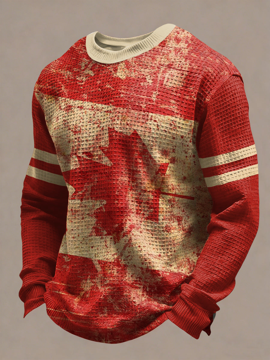Retro Abstract Canadian Maple Leaf Flag Casual Waffle Weave T-Shirt