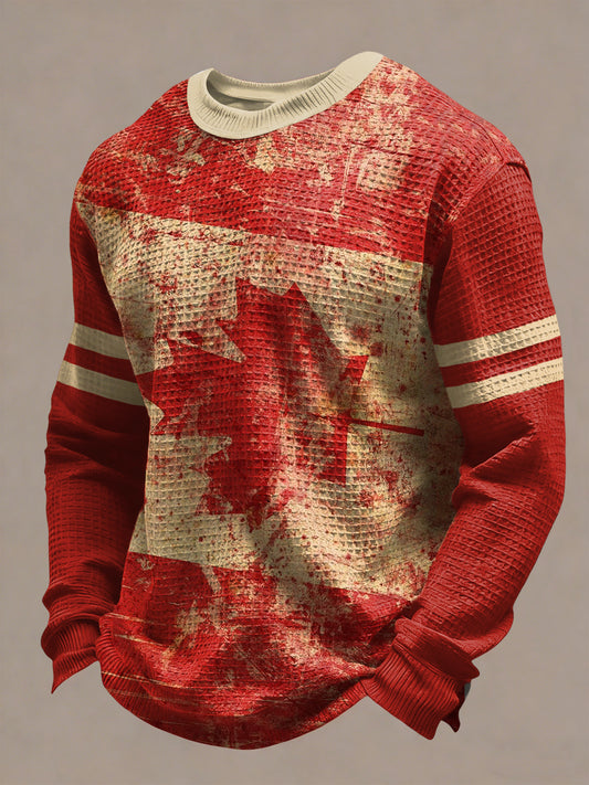 Retro Abstract Canadian Maple Leaf Flag Casual Waffle Weave T-Shirt