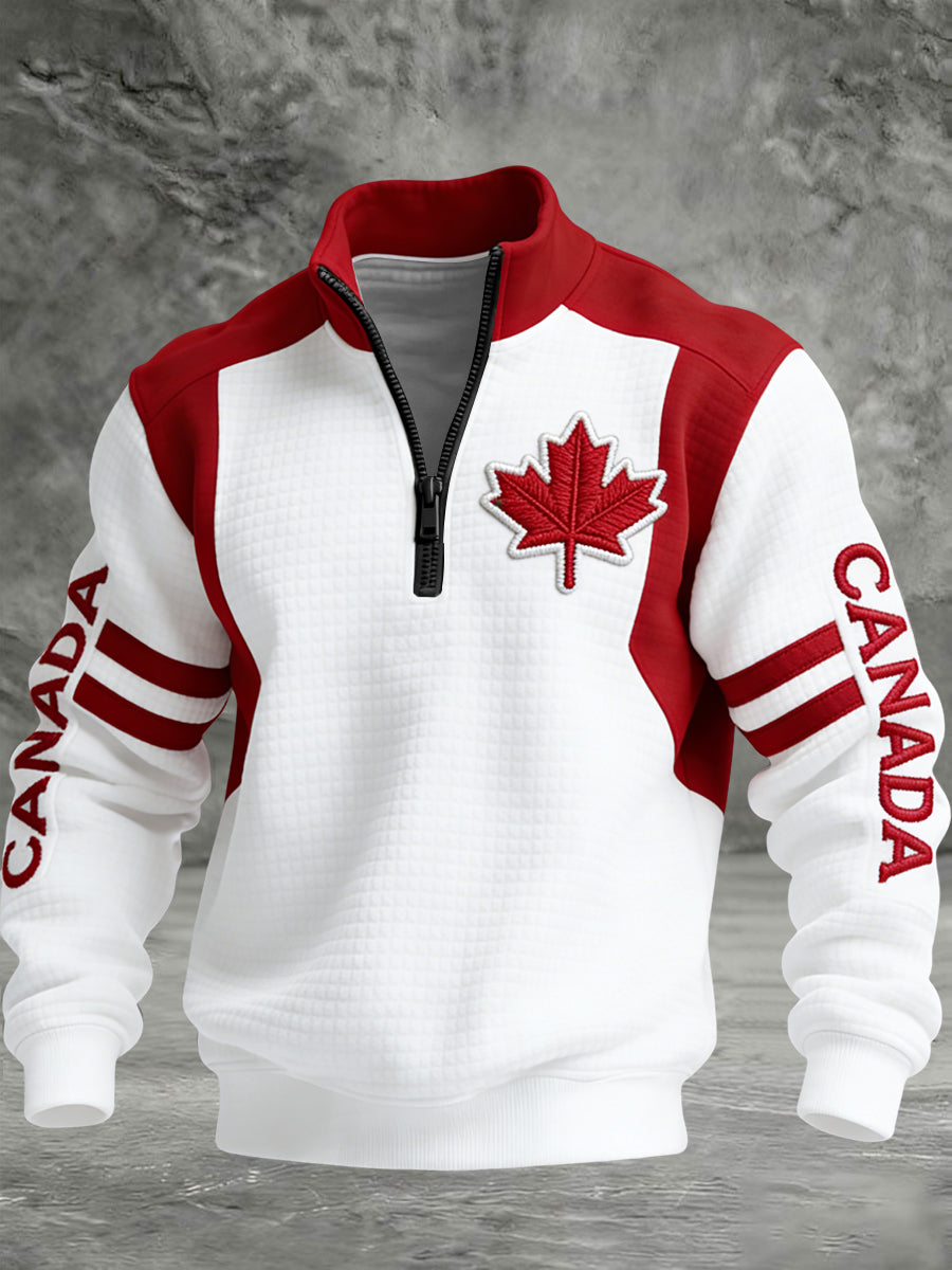 Retro Canadian Maple Leaf Hockey Emblem Casual Waffle-Weave Pullover