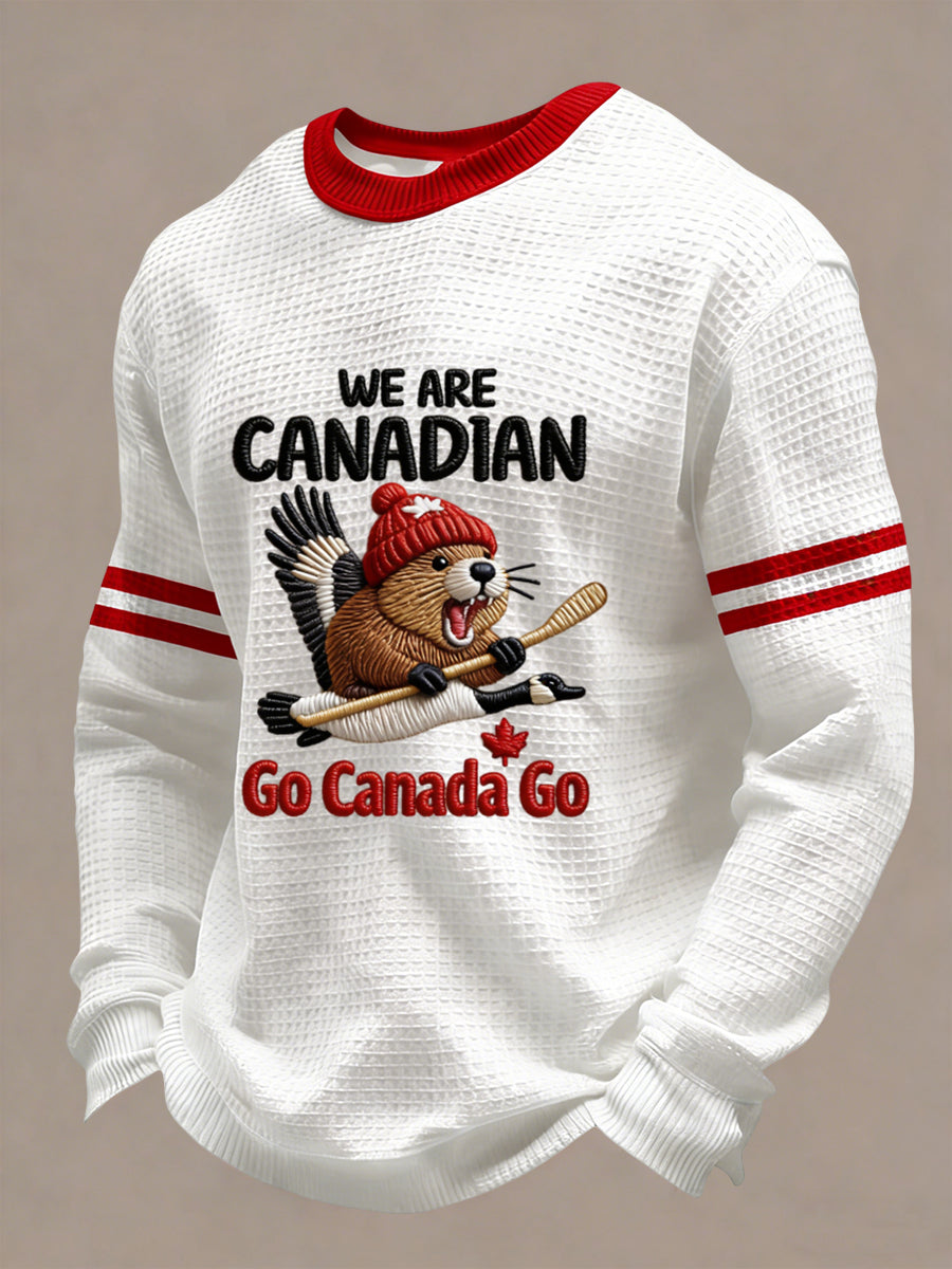 Retro Canadian Hockey Beaver Art Casual Waffle Weave T-Shirt