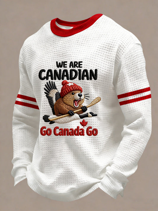 Retro Canadian Hockey Beaver Art Casual Waffle Weave T-Shirt