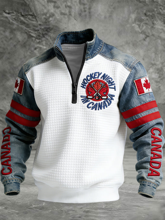 Retro Canadian Hockey Night Patchwork Waffle Knit Pullover