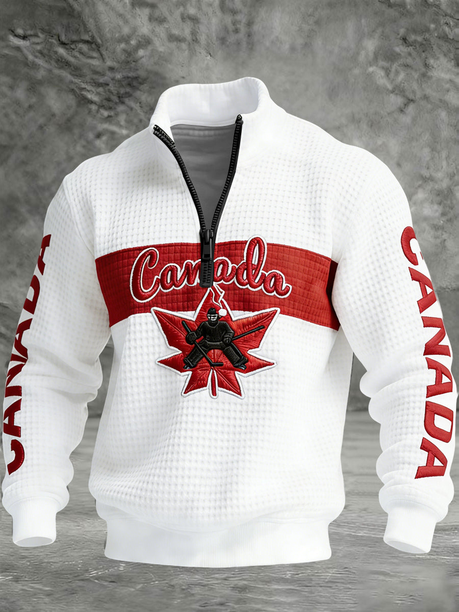 Retro Canadian Hockey Patchwork Waffle Knit Pullover