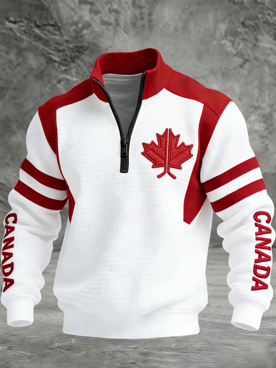Retro Canadian Hockey Stick Maple Leaf Patchwork Waffle Knit Pullover