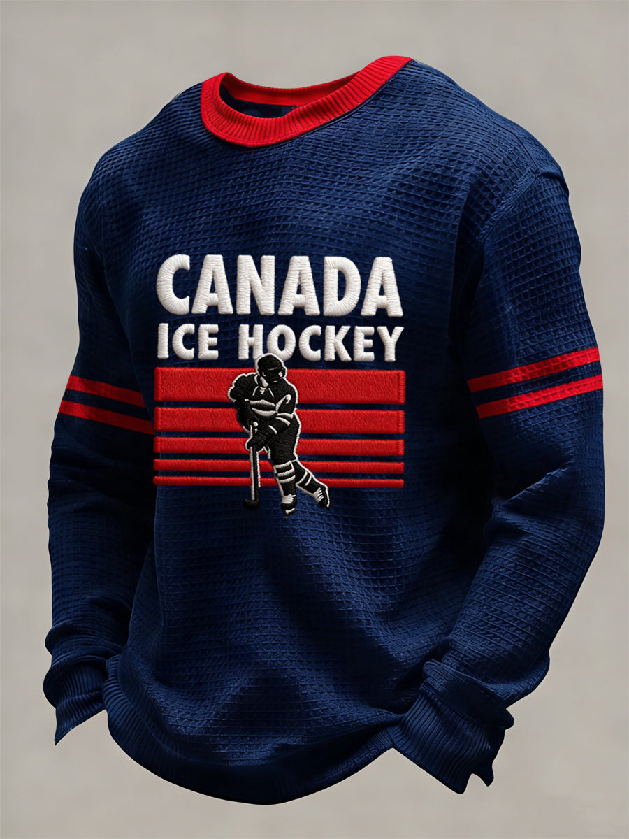 Retro Canadian Maple Leaf Hockey Casual Waffle-Weave T-Shirt